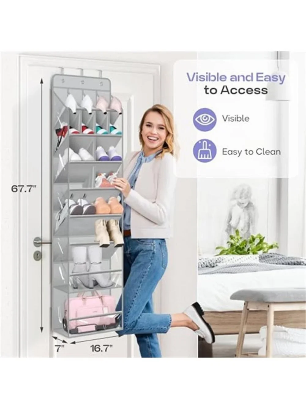 Grey Over Door Shoe Organizer Hanging Storage Rack Boots Closet 20 Pair